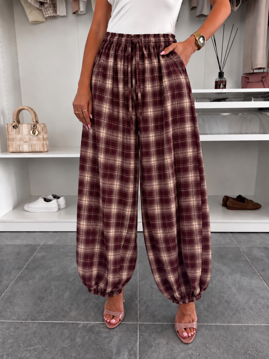 Pantalon large à carreaux avec cordon taille élastique et poches