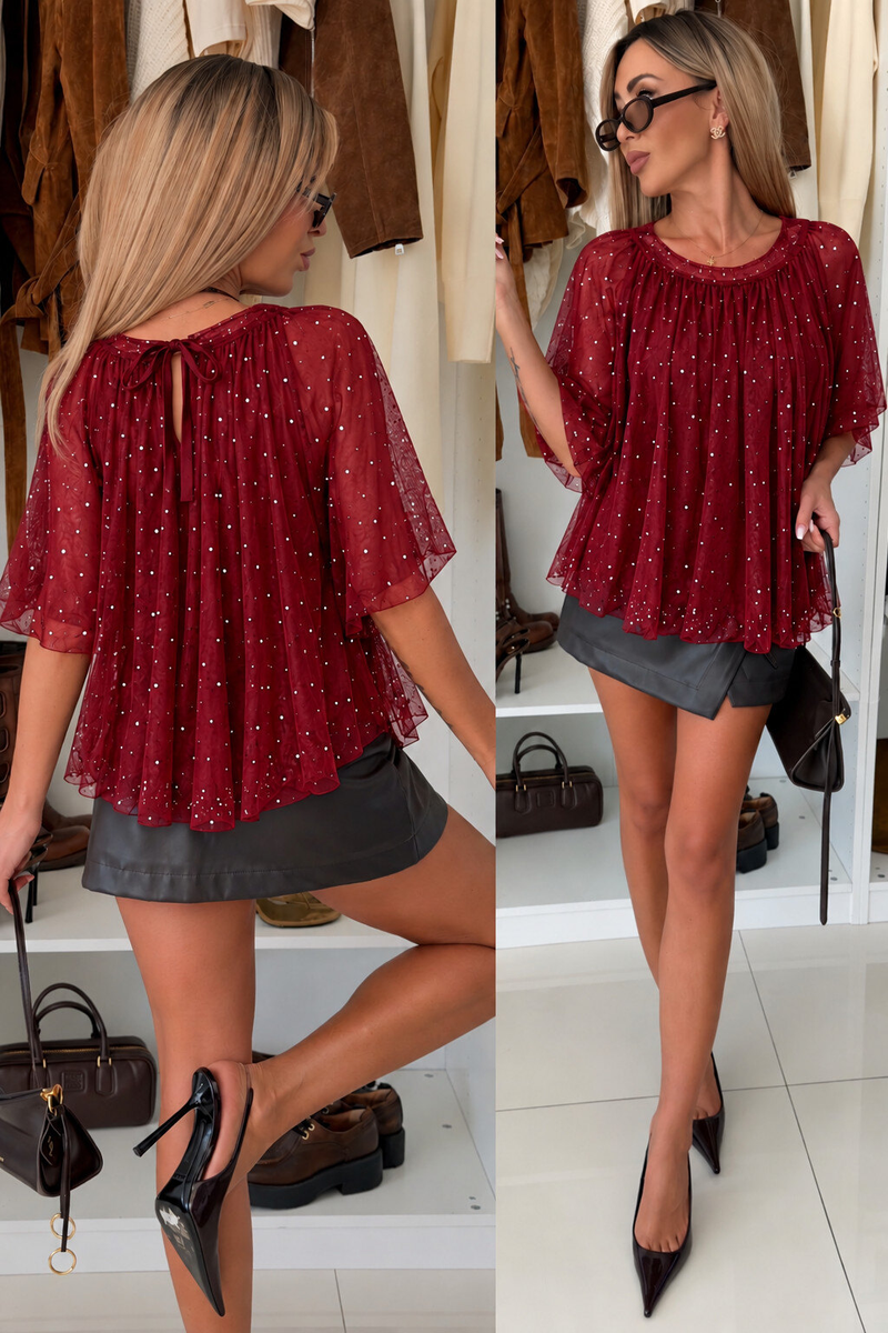 Blouse ample doublée en tulle à pois scintillants, manches ¾.