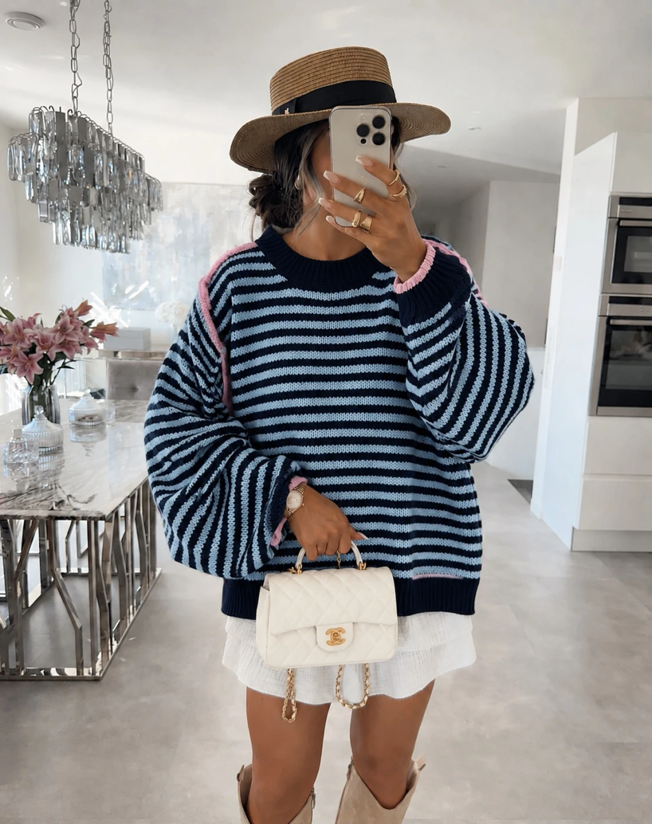 Pull Oversize en maille à rayures bordures contrastantes