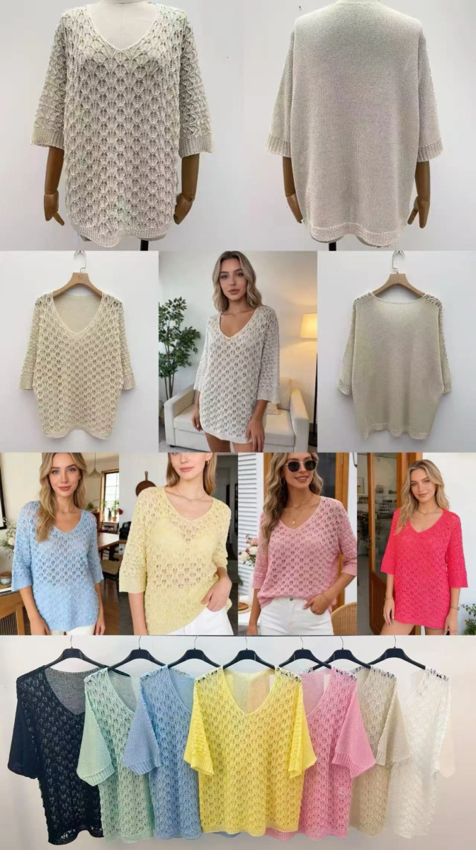 Openwork knit sweater v-neck 3/4 sleeves 2