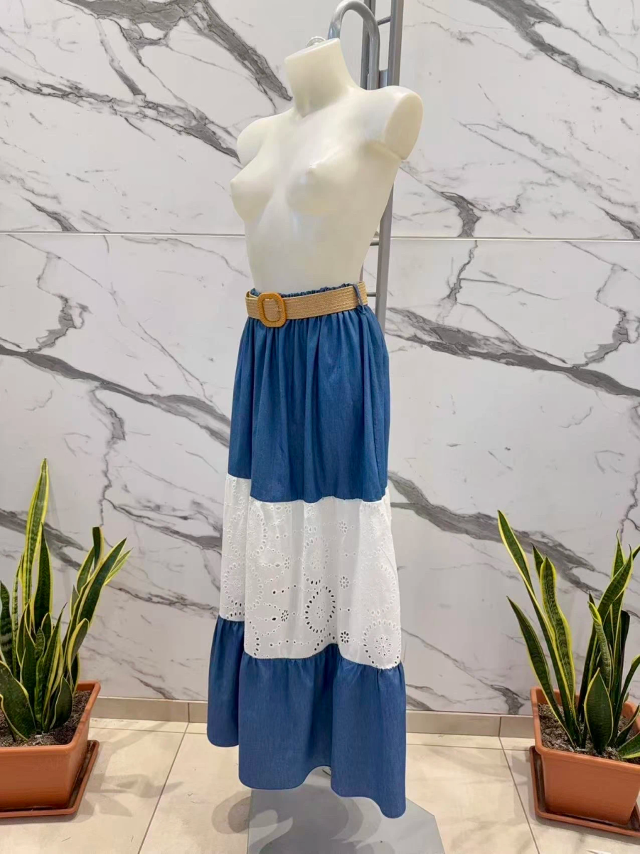Jupe Longue Bohème Denim & Broderie Blanche 3