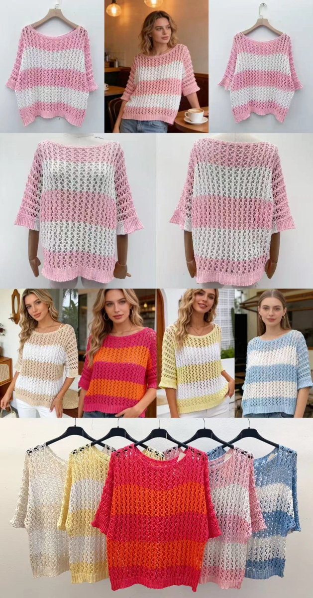 Pull maille ajourée à rayures bicolore manches 3/4 2