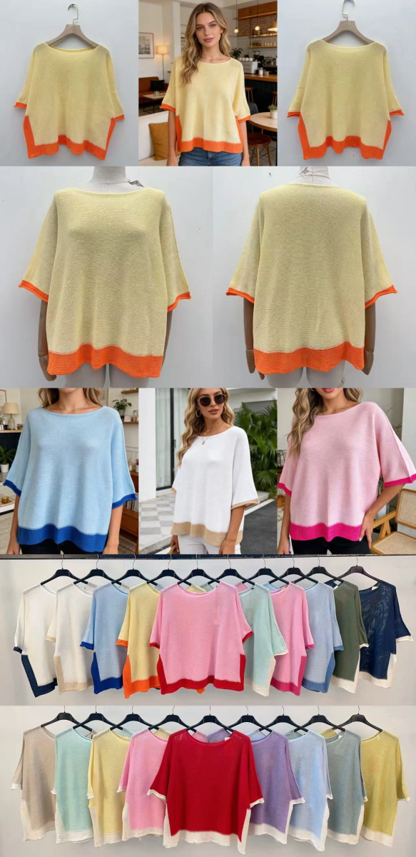 Pull en maille fine  à manches 3/4 bordure contrastantes 2