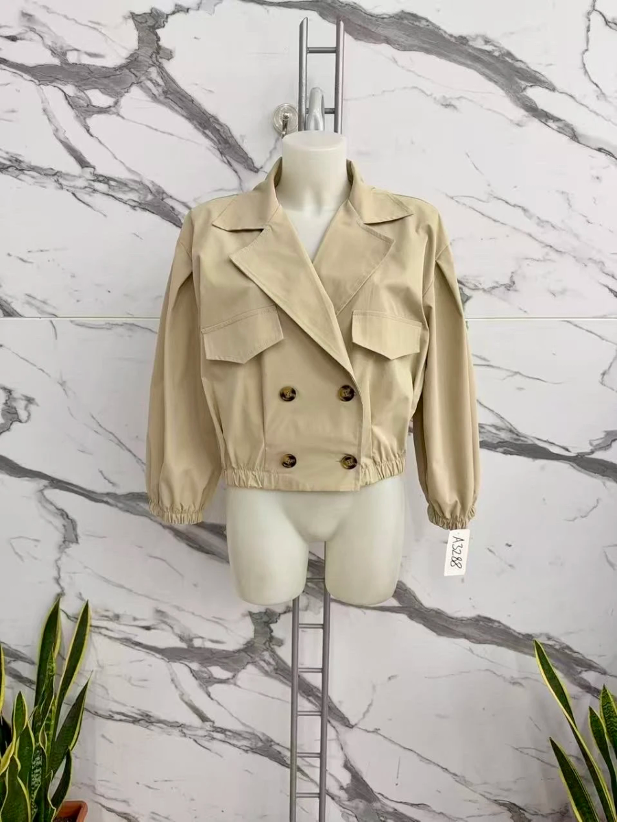 Veste Trench Courte Beige à Double Boutonnage 2