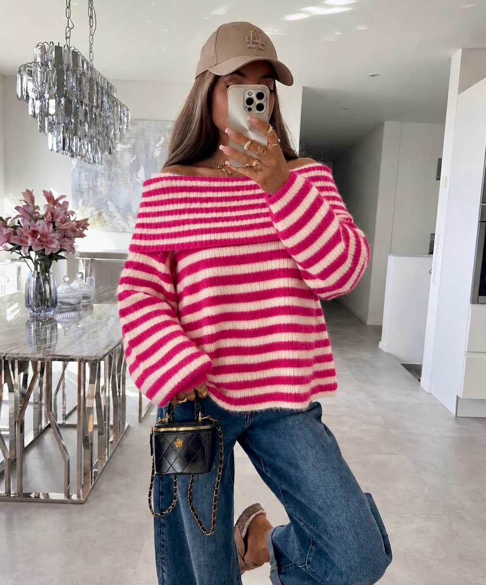 Pull oversize rayé en maille à col bardot modulable – manches longues