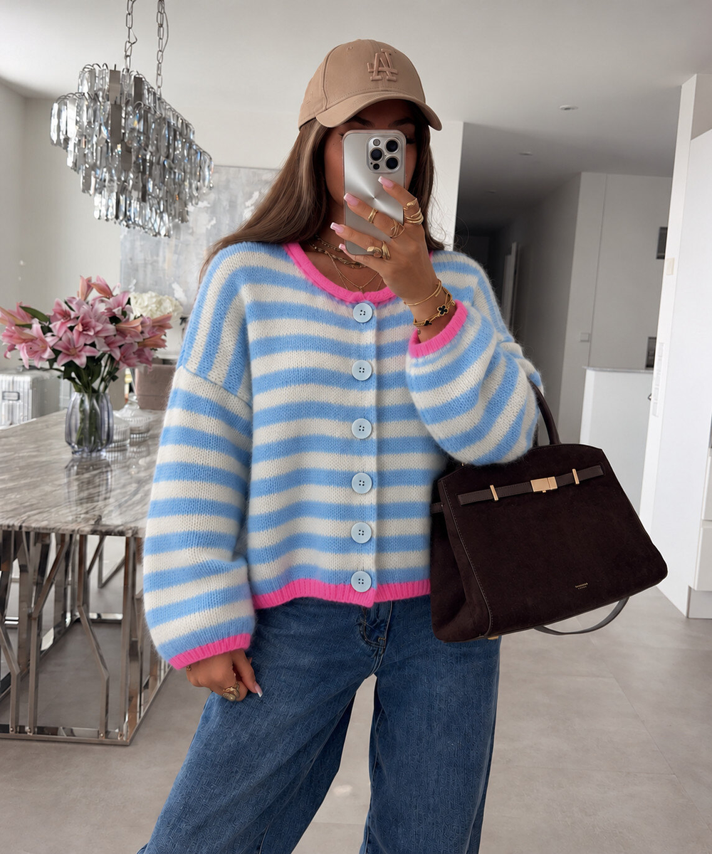 Gestreifte Wollstrickjacke mit kontrastierenden Kanten