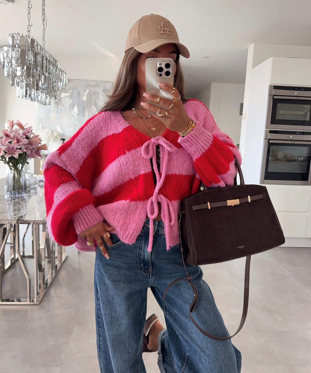 Gilet laine rayé oversize à manches ballon et liens à nouer