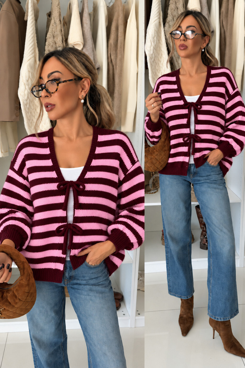 Gestreifte Wollstrickjacke mit Schleifen, V-Ausschnitt und Ballonärmeln