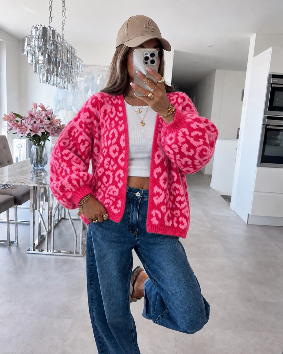 Gilet oversize en maille douce à motif léopard et manches ballon