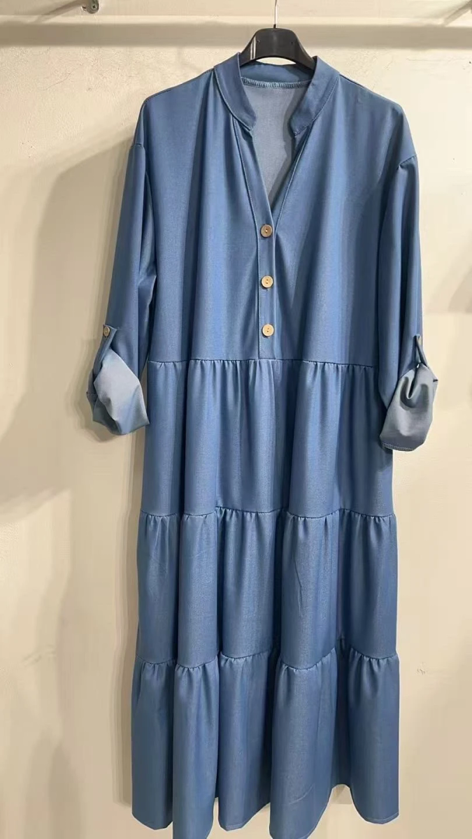 Robe longue ample à volants – manches retroussables  effet denim 2