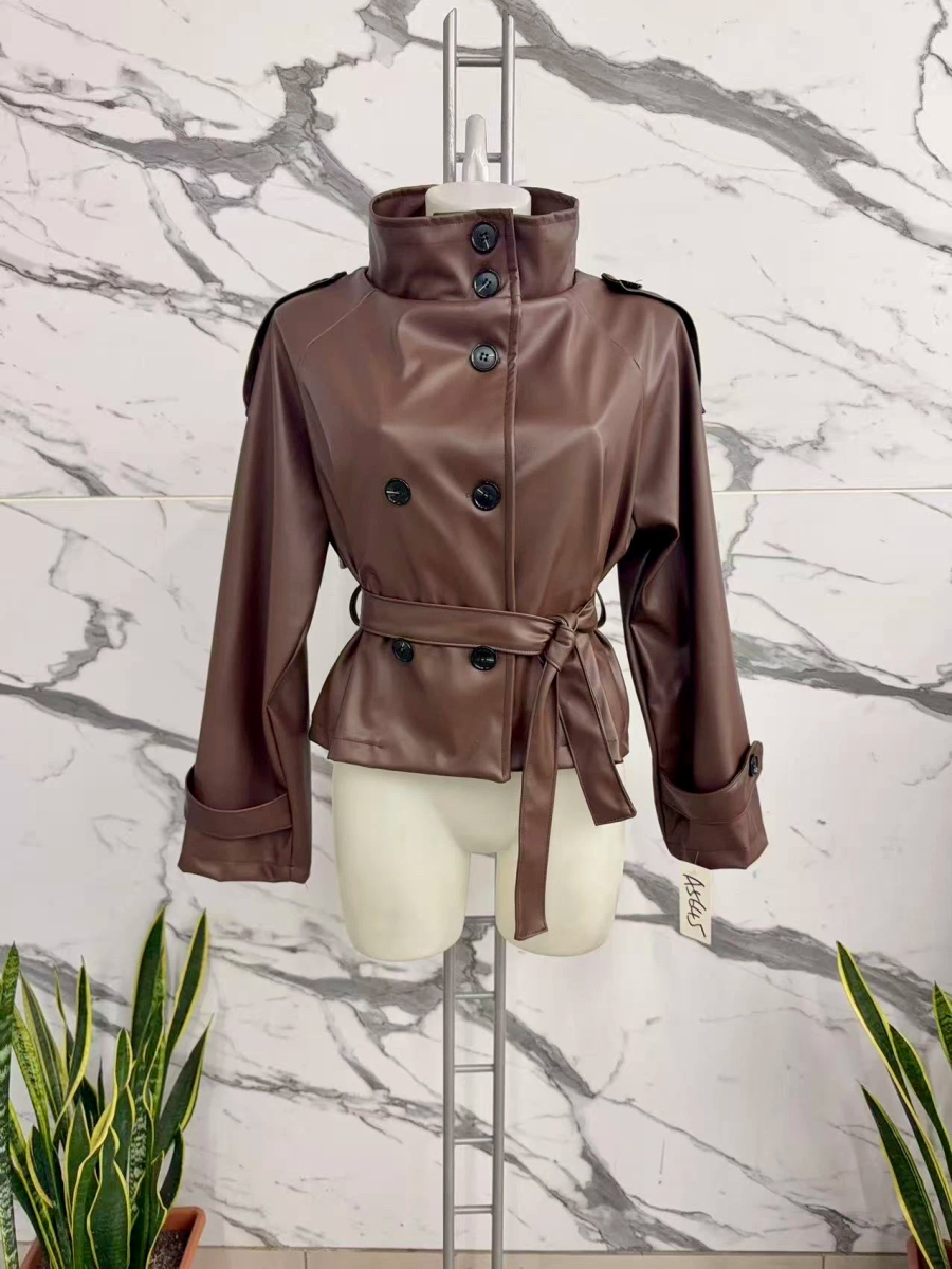 Veste en simili cuir à double boutonnage et ceinture nouée 2