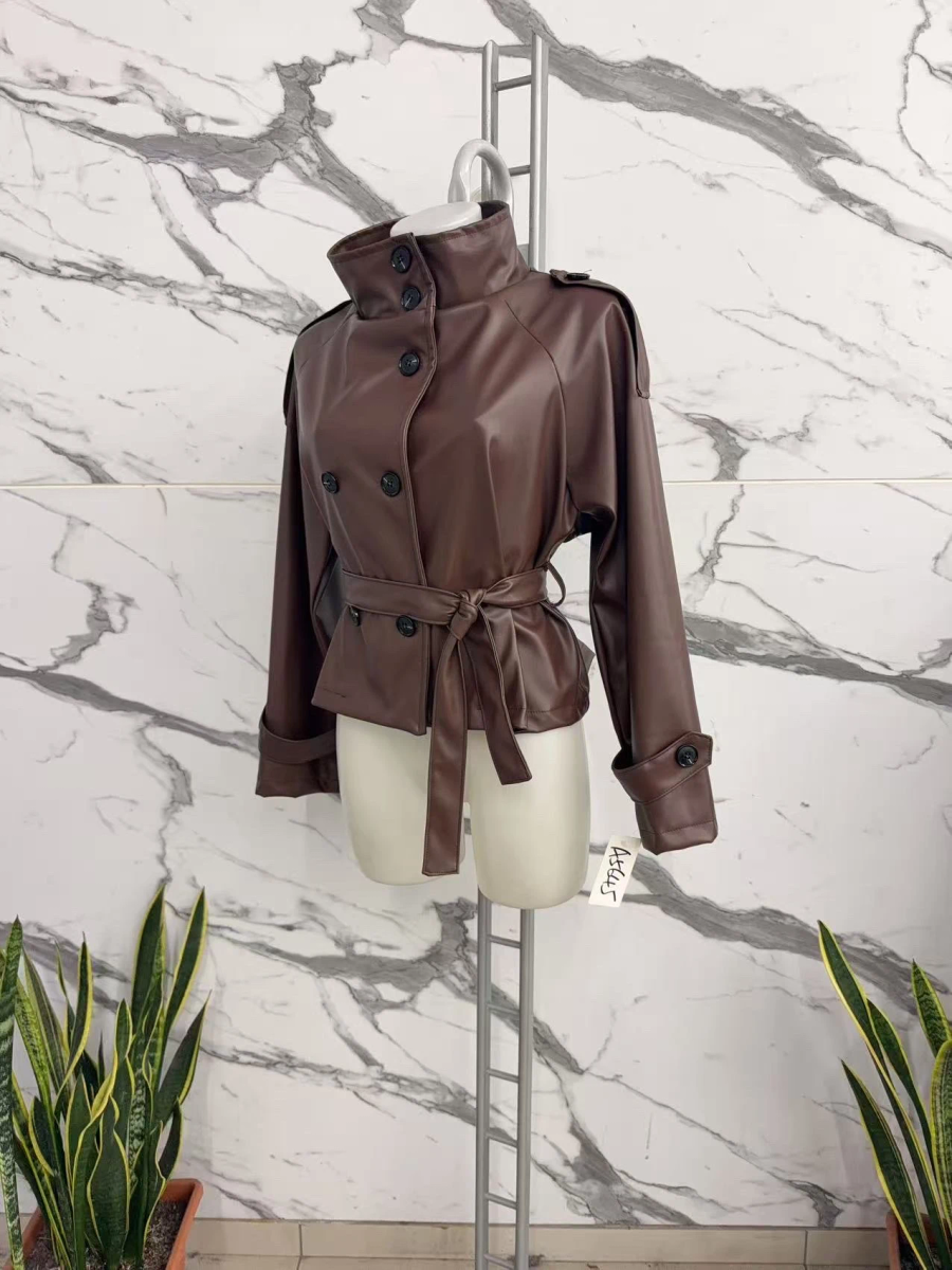 Veste en simili cuir à double boutonnage et ceinture nouée 3