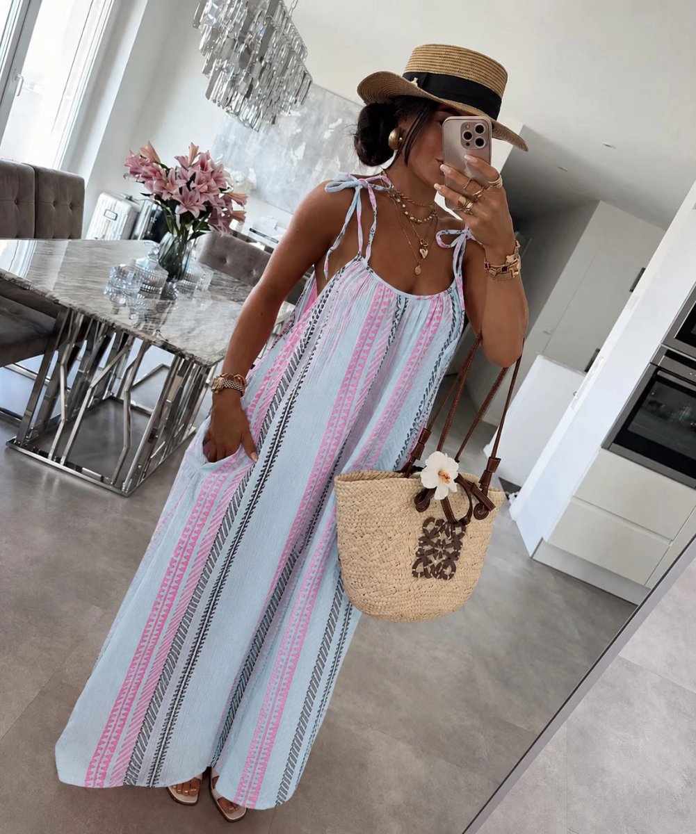 Robe Longue Bohème en Gaze de Coton Imprimée – Bretelles Nouées & Coupe Fluide