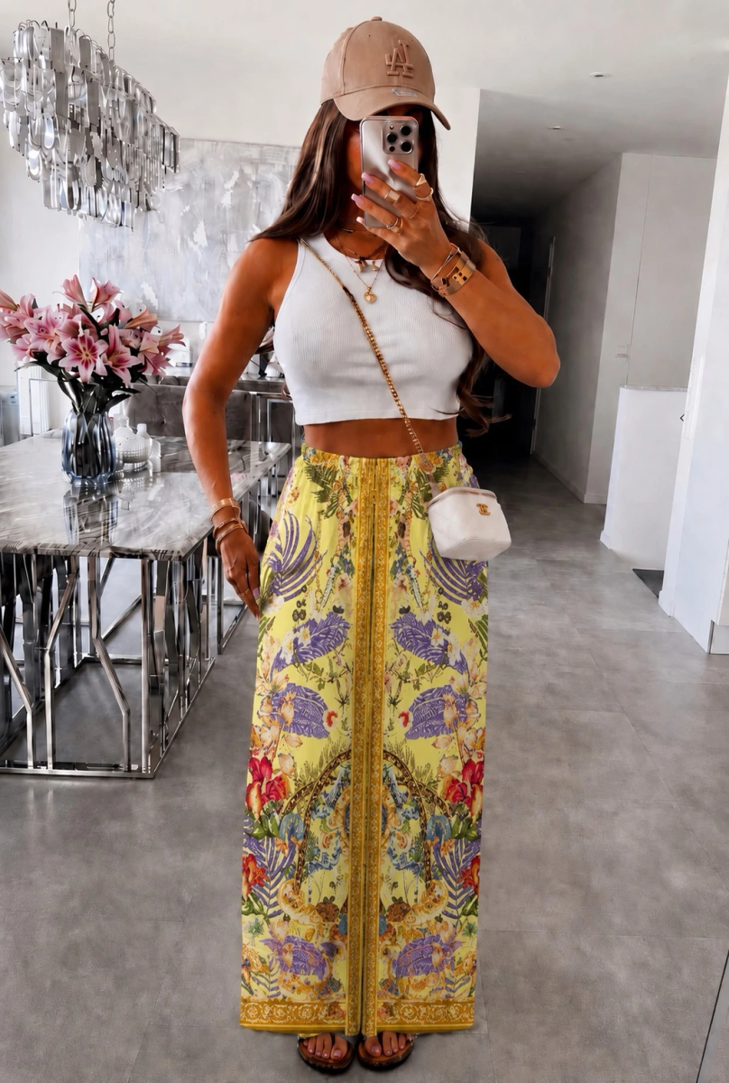 Pantalon large imprimé exotique