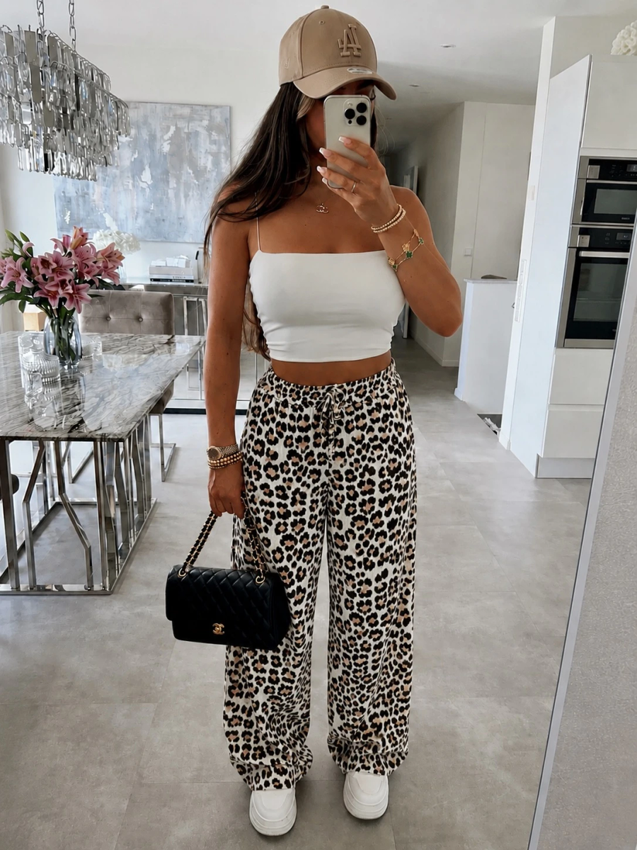 Pantalon gaze de coton imprimé léopard taille élastique avec cordon de resserage