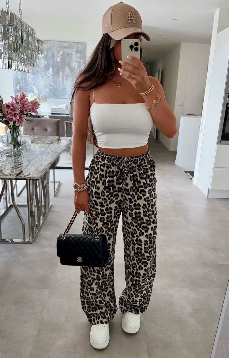 Pantalon gaze de coton imprimé léopard taille élastique avec cordon de resserage
