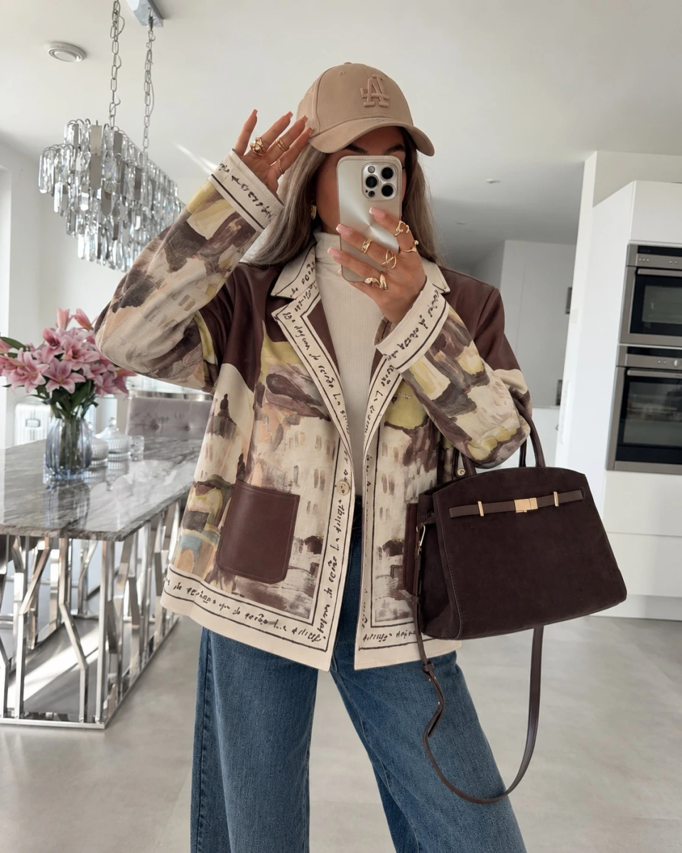 Veste blazer suédine imprimé paysage avec poches