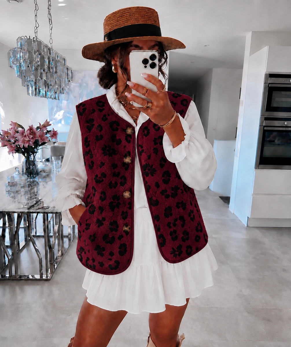 Gilet Teddy avec poches motifs léopard