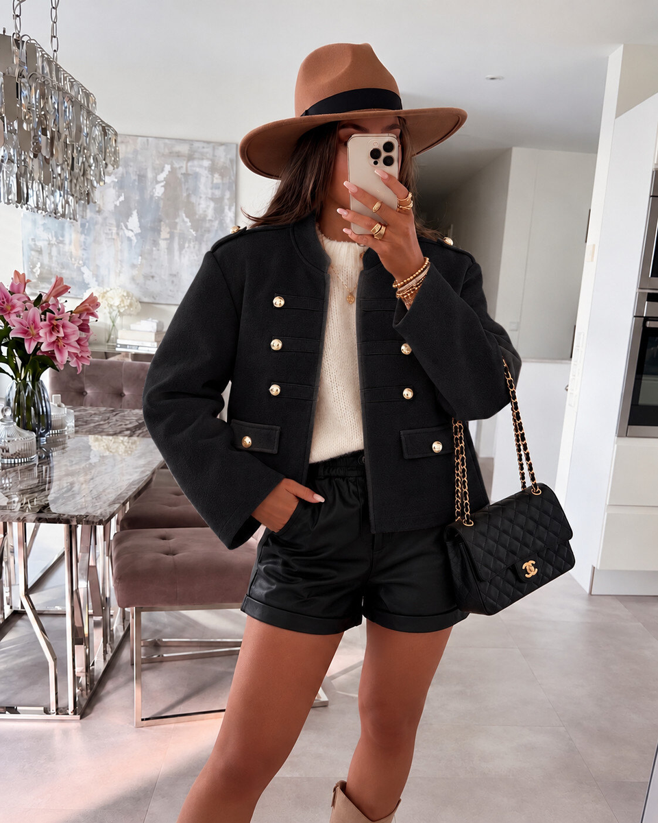Veste manteau laine court à boutons dorés et épaulettes