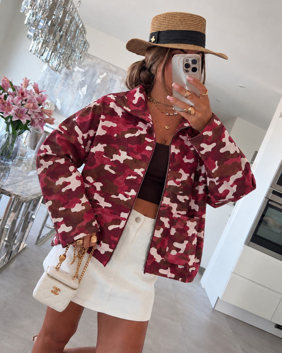Veste zippée camouflage – Manches larges col montant