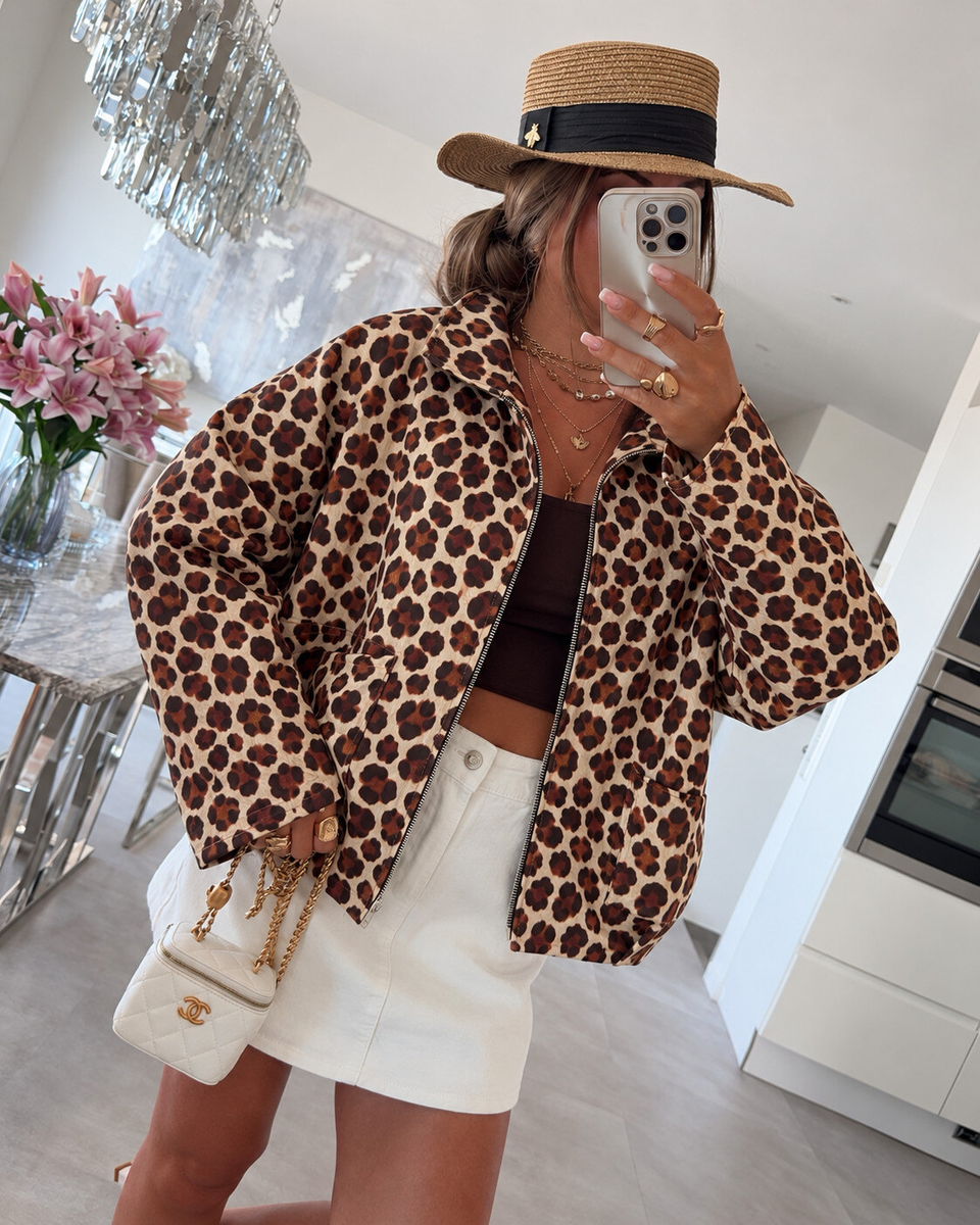 Veste zippée léopard – Manches larges col montant
