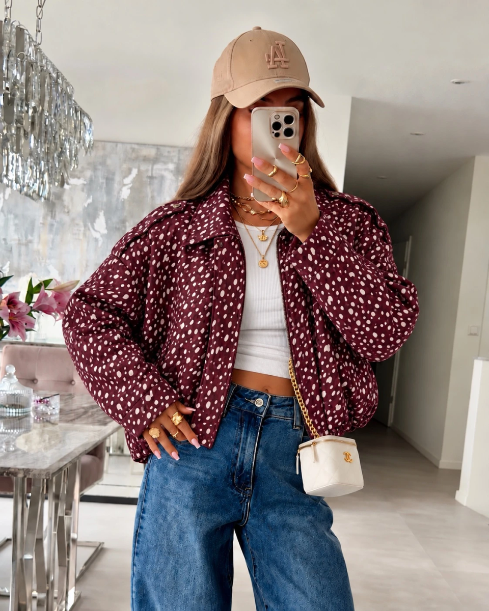Veste bomber imprimée biche à col chemise et fermeture zippée