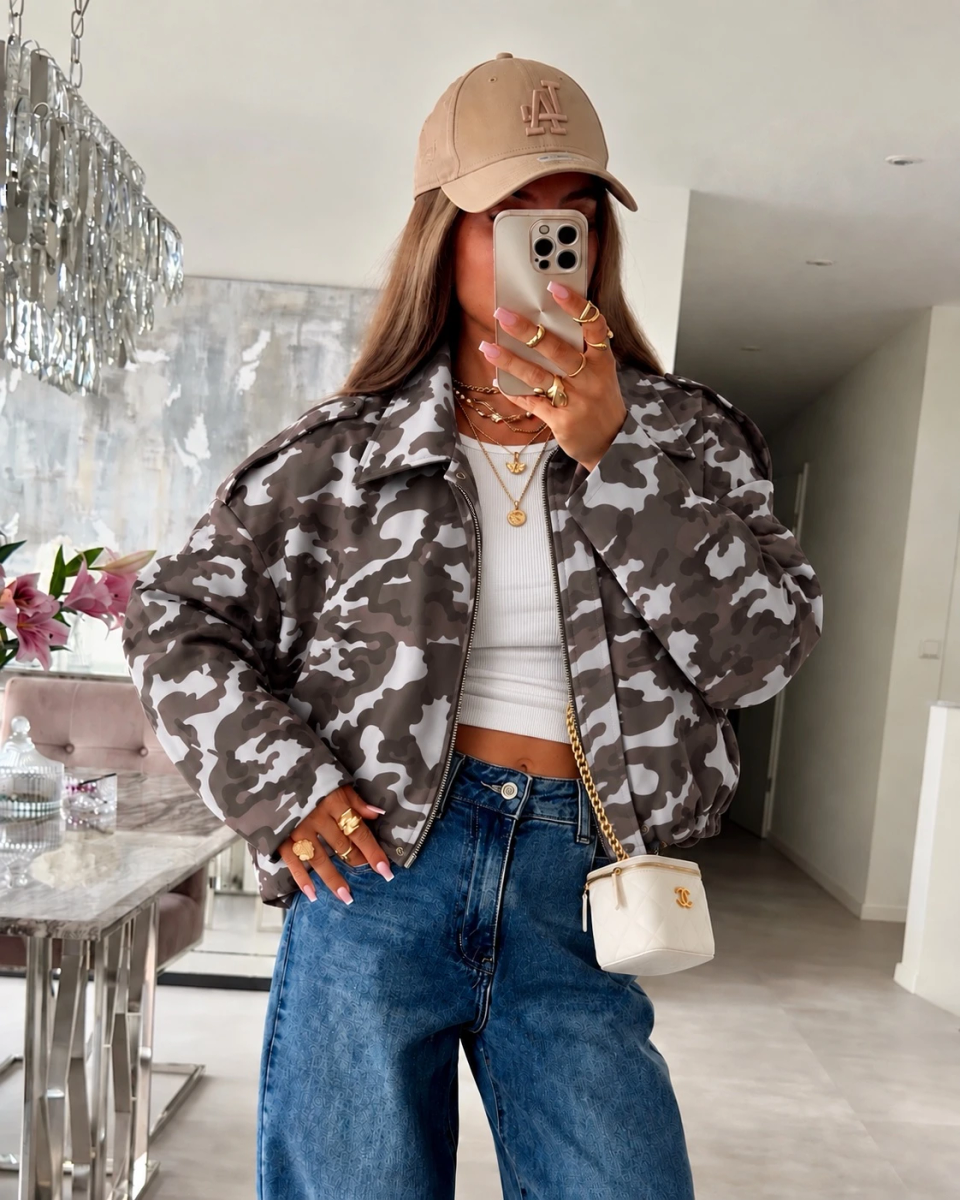 Veste bomber imprimée camouflage à col chemise et fermeture zippée