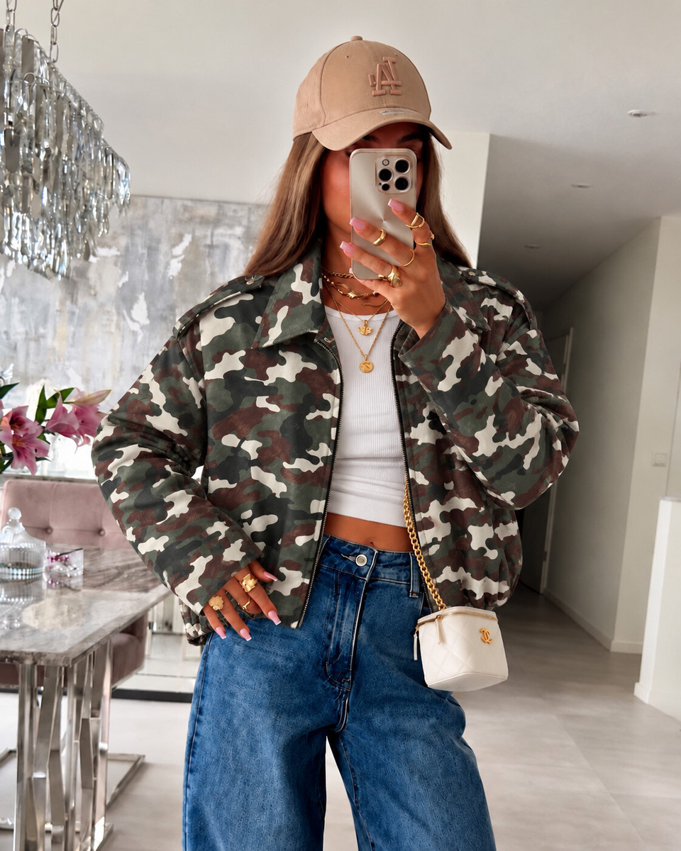 Veste bomber imprimée camouflage à col chemise et fermeture zippée