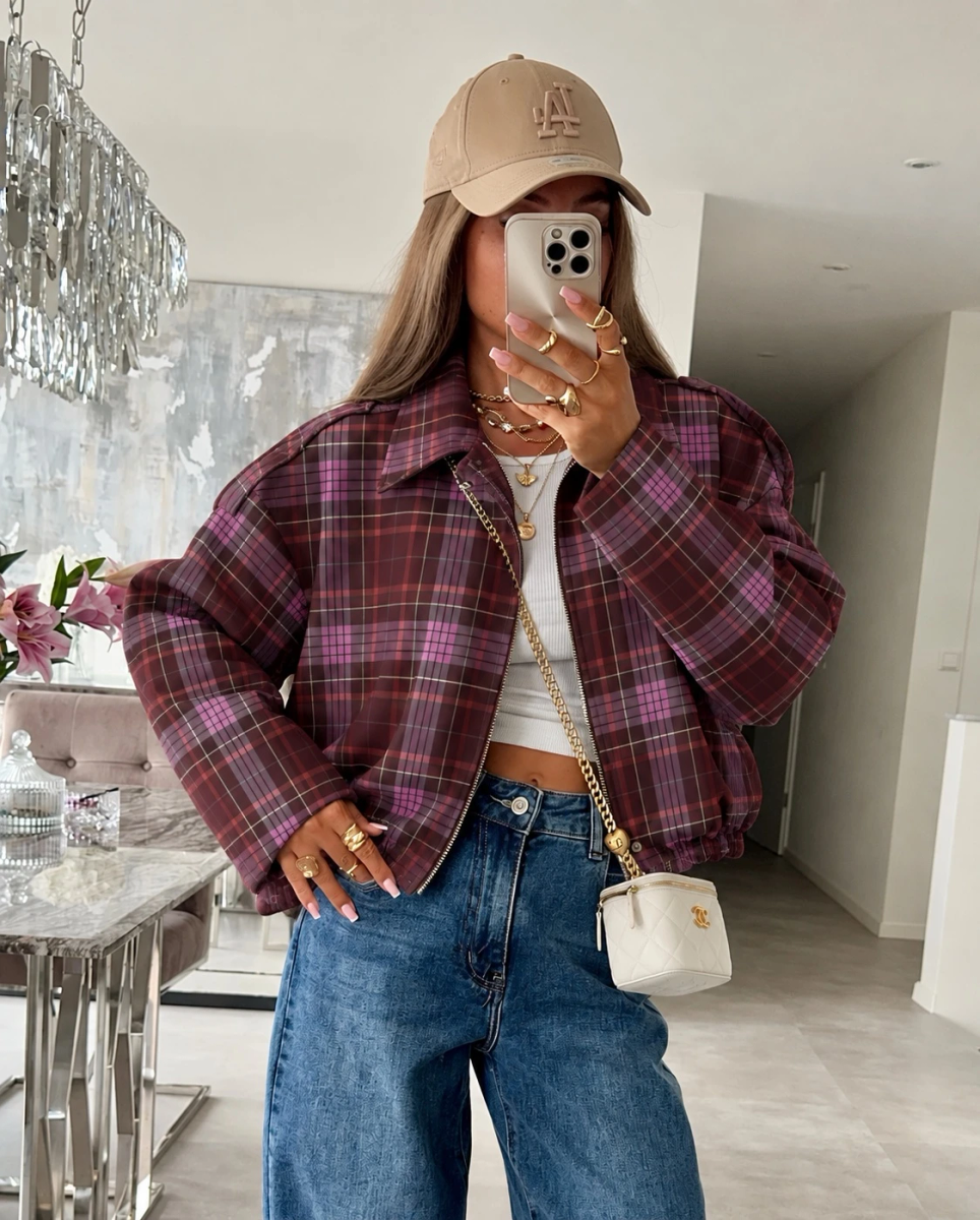 Veste bomber imprimée carreaux    à col chemise et fermeture zippée