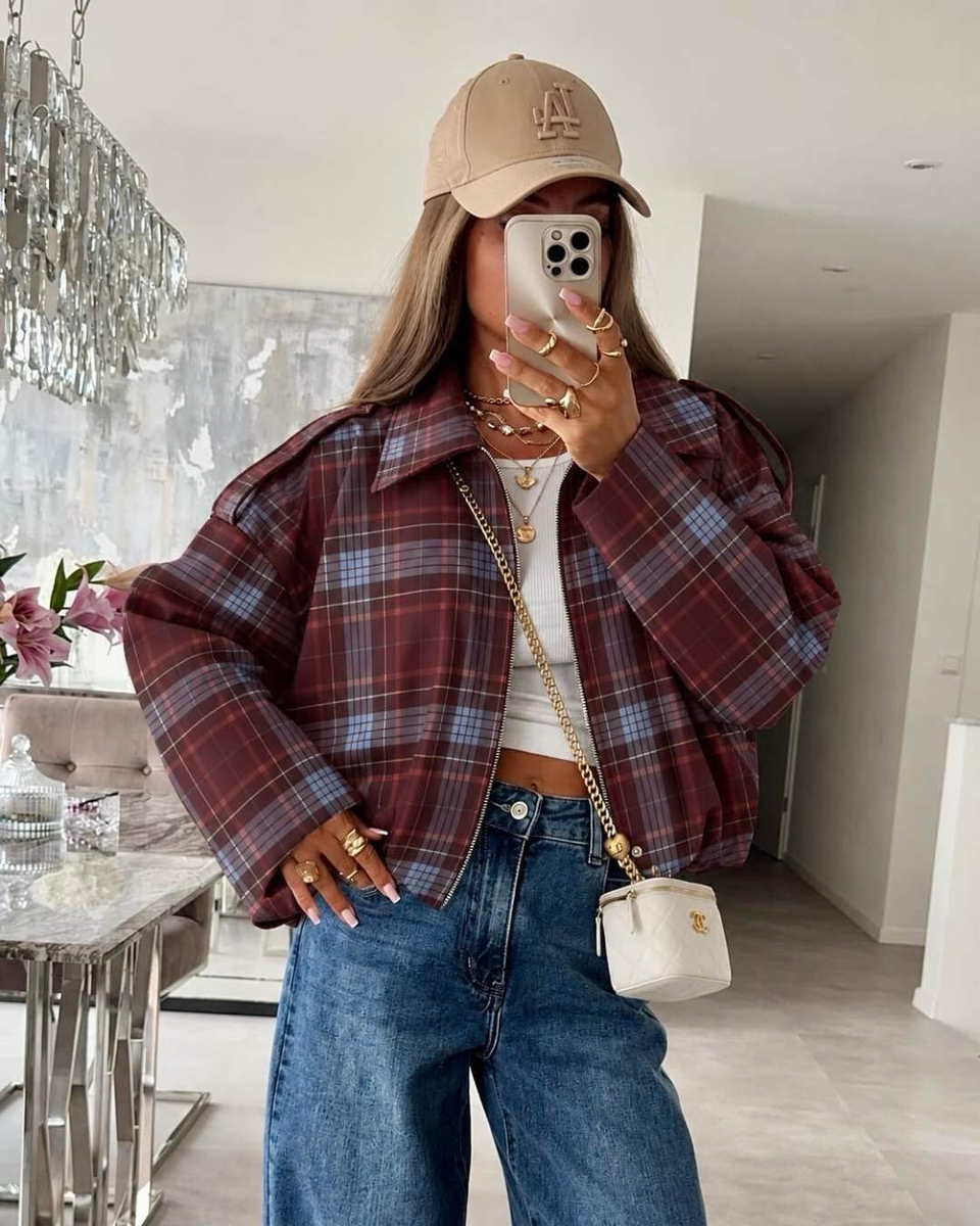Veste bomber imprimée carreaux à col chemise et fermeture zippée