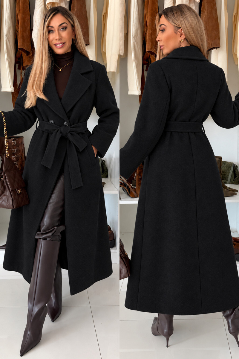 Manteau drap de laine ceinturé à double boutonnage avec doublure