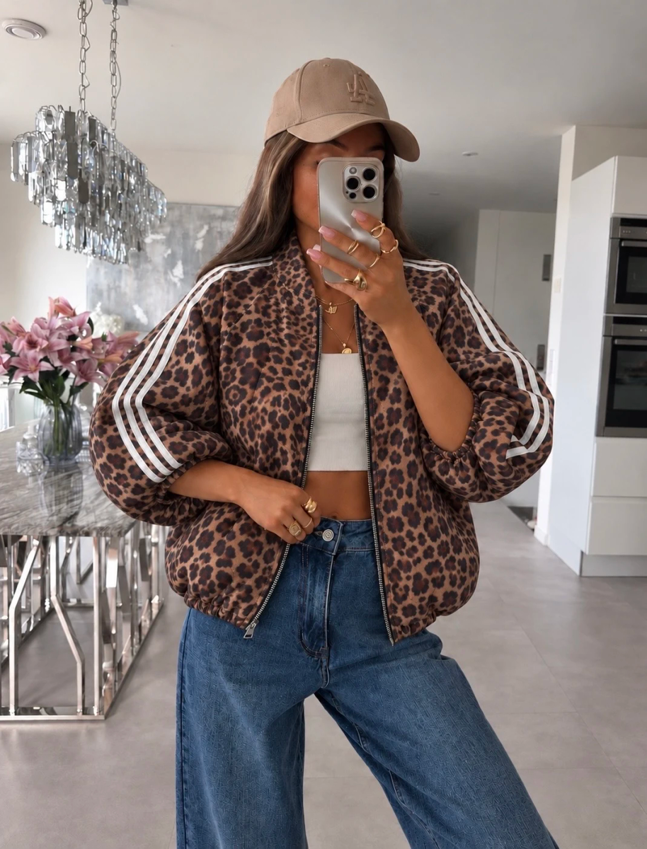 Veste bomber léopard à manches 3/4 et bandes