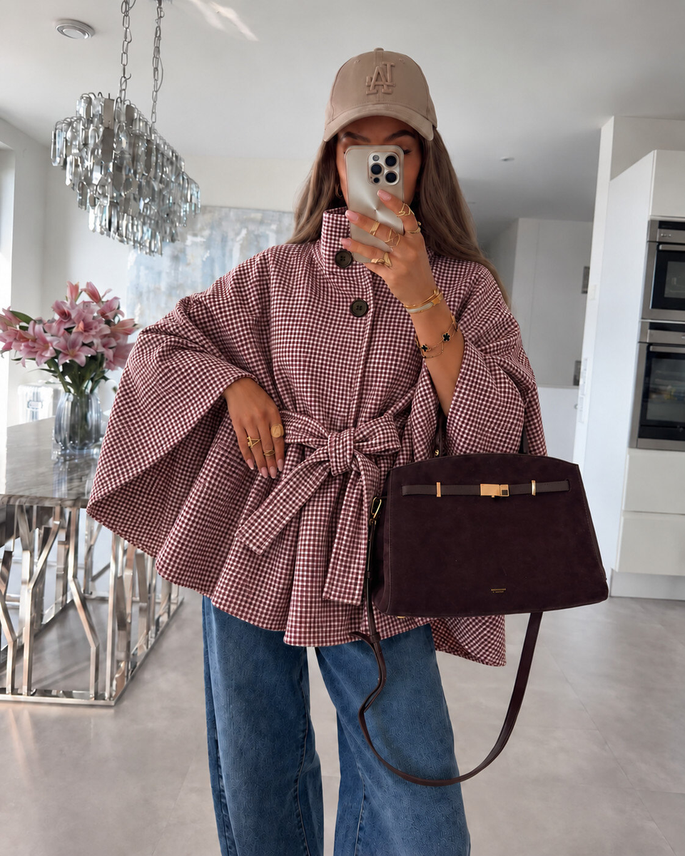 Poncho cape ample à col montant imprimé carreaux boutonné et ceinture à nouer