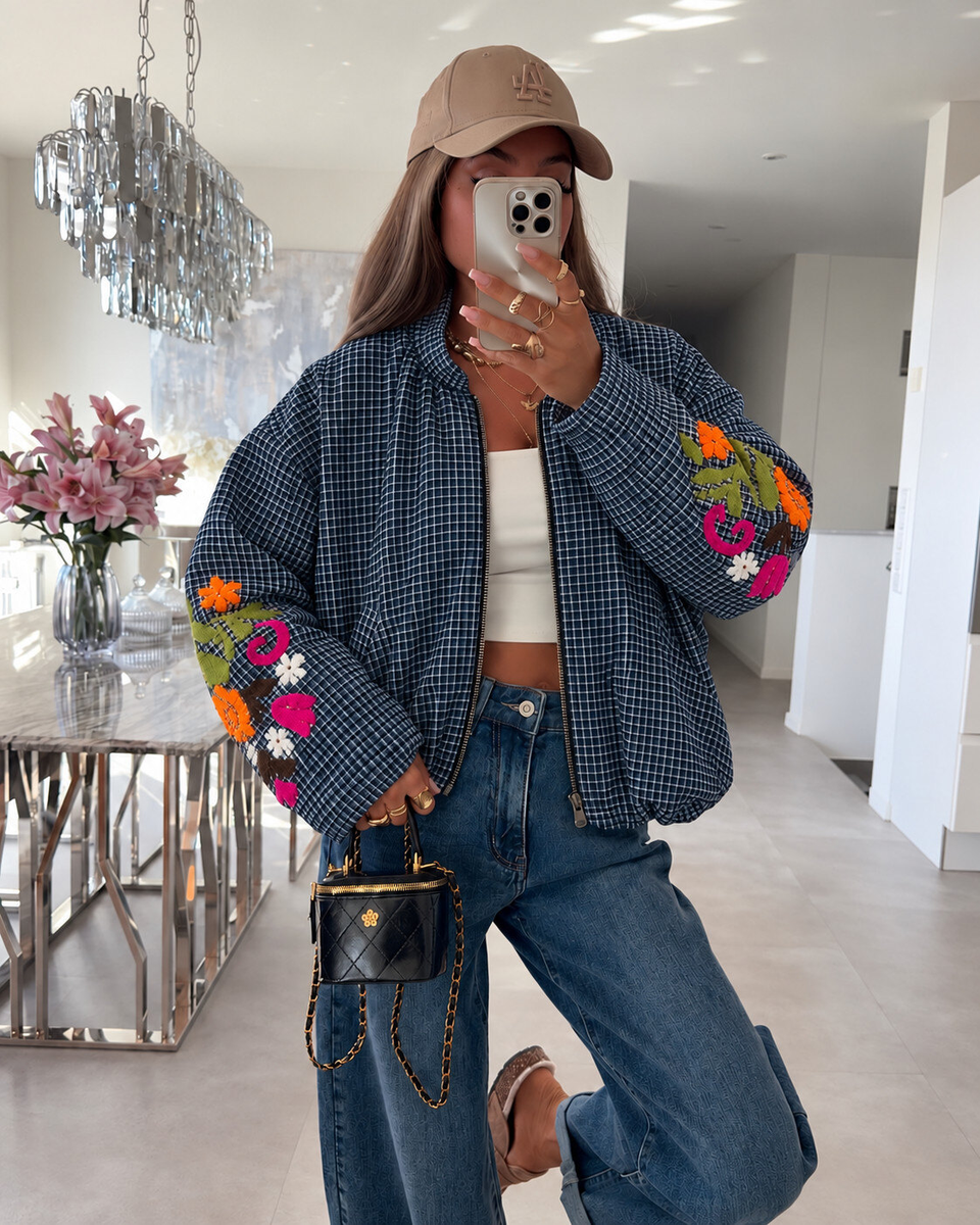 Veste bomber zippée à carreaux et manches brodées