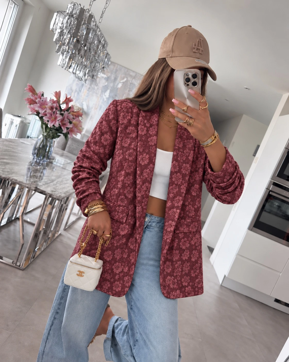 Veste blazer jacquard fleuri manches froncées