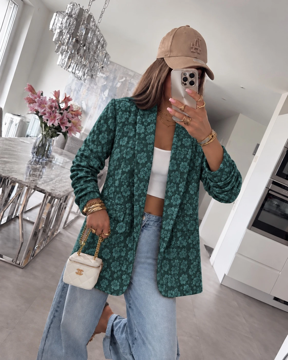 Veste blazer jacquard fleuri manches froncées