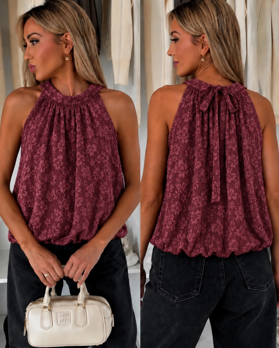 Top sans manches en jacquard floral relief – Dos noué et bas élastiqué