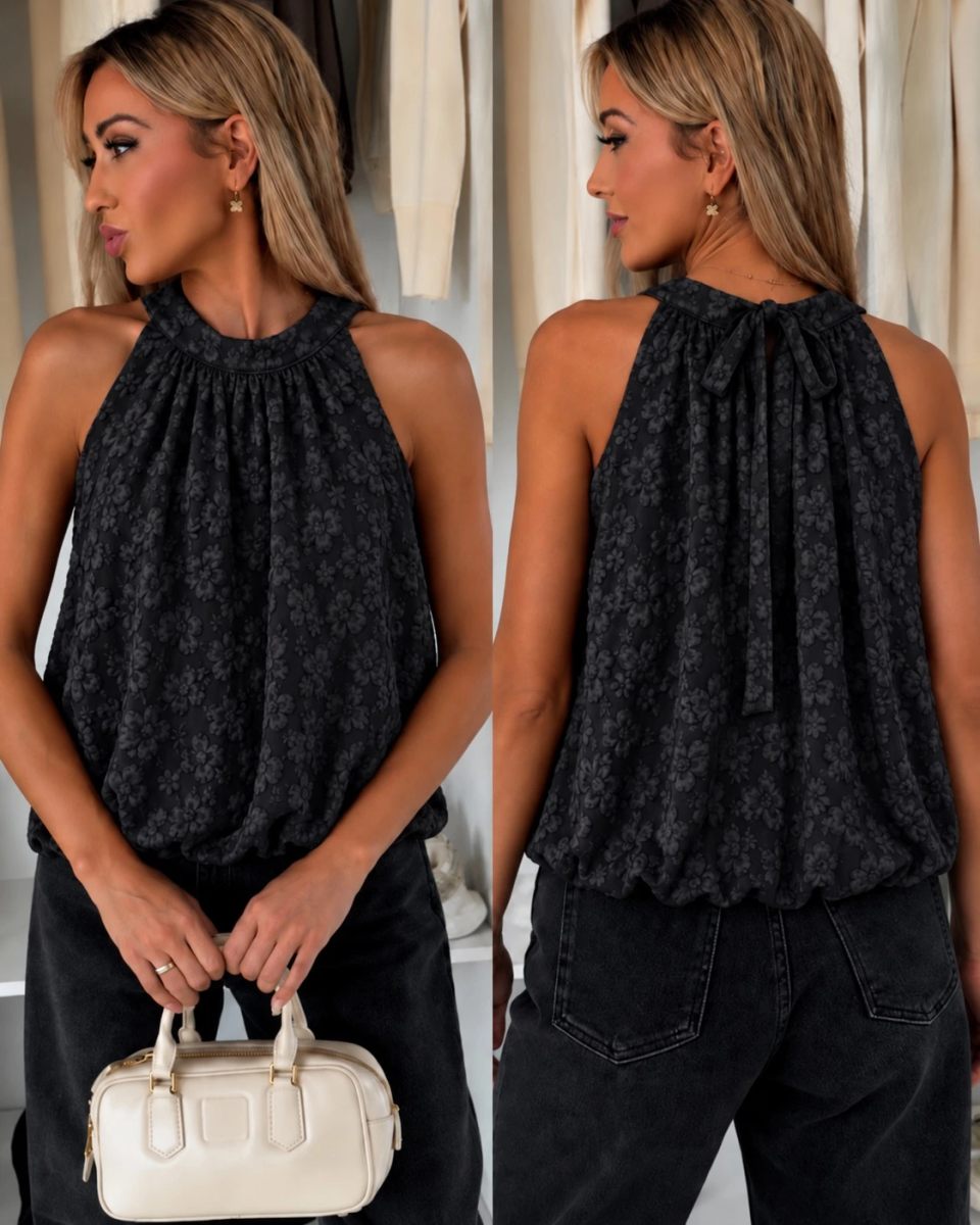 Top sans manches en jacquard floral relief – Dos noué et bas élastiqué