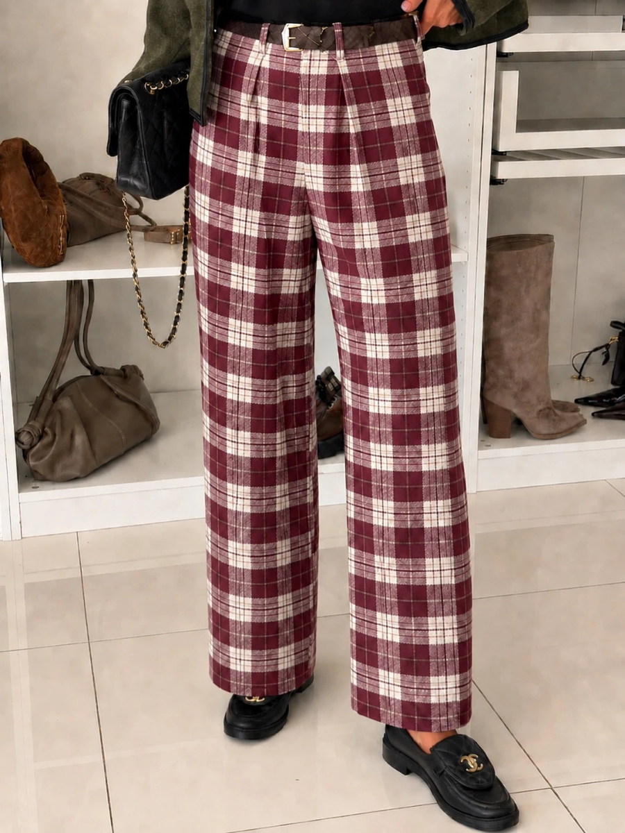 Pantalon large à carreaux avec ceinture effet flanelle