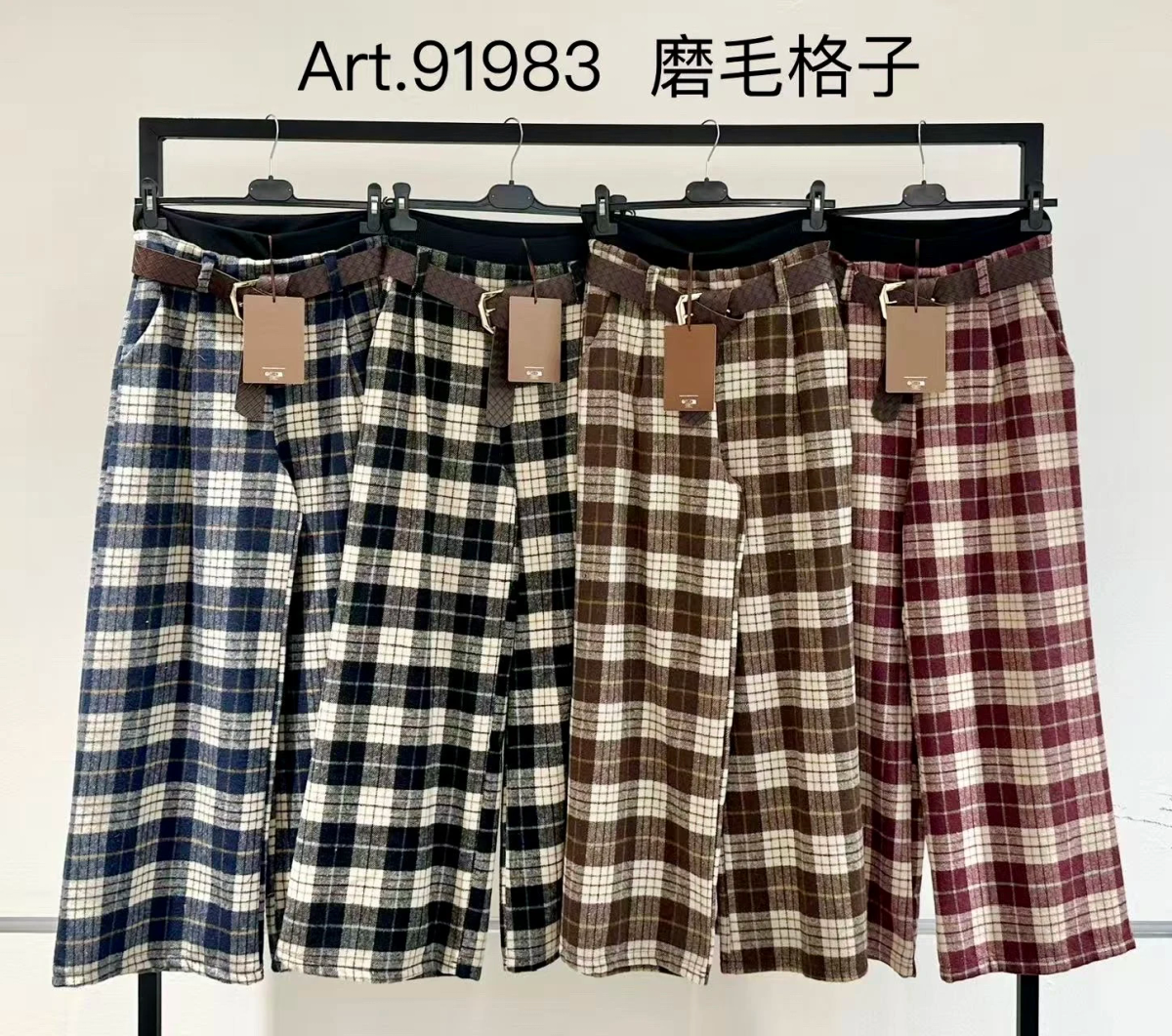Wide-leg plaid trousers with flannel-effect belt 2