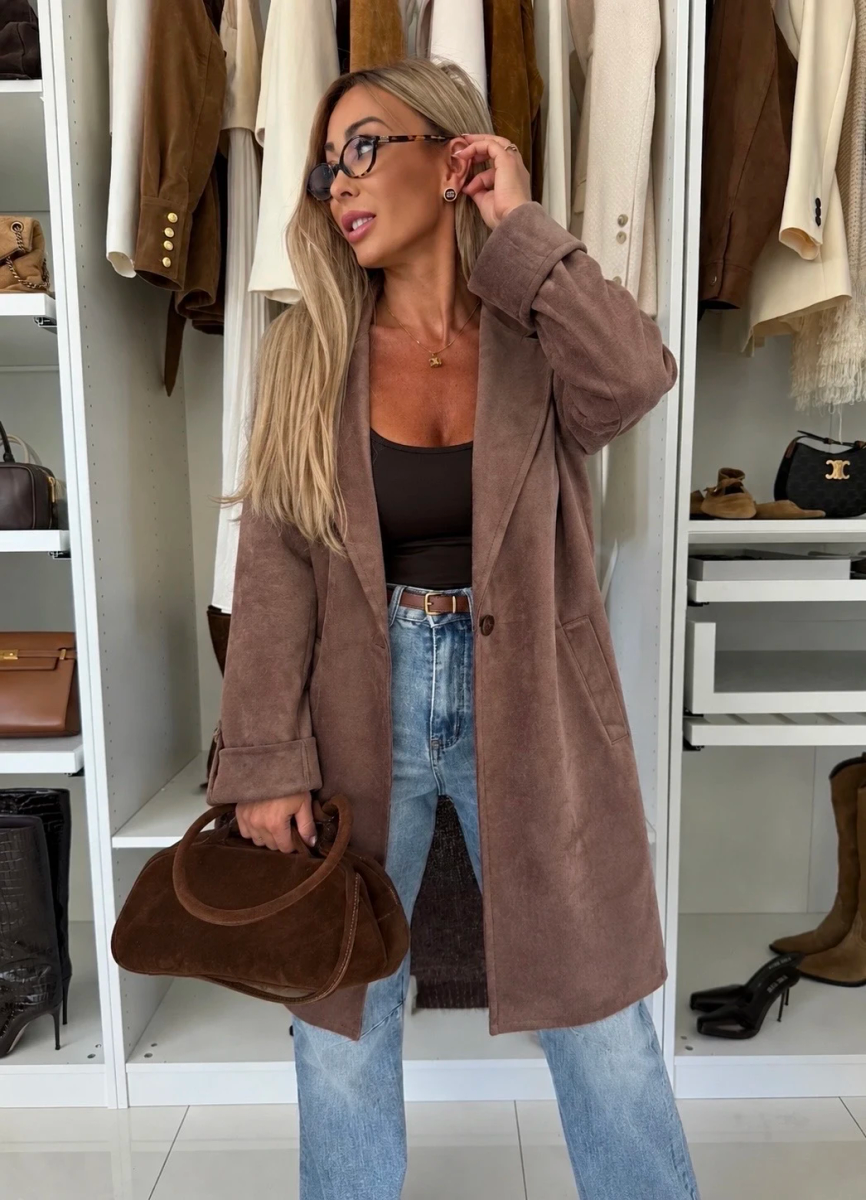 Veste Longue en Suédine – Coupe Droite Oversize