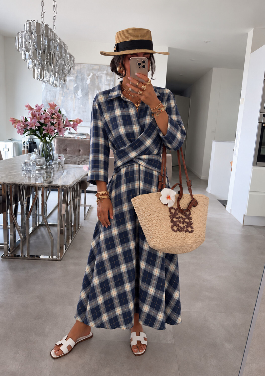 Robe chemise longue à carreaux croisée effet flanelle