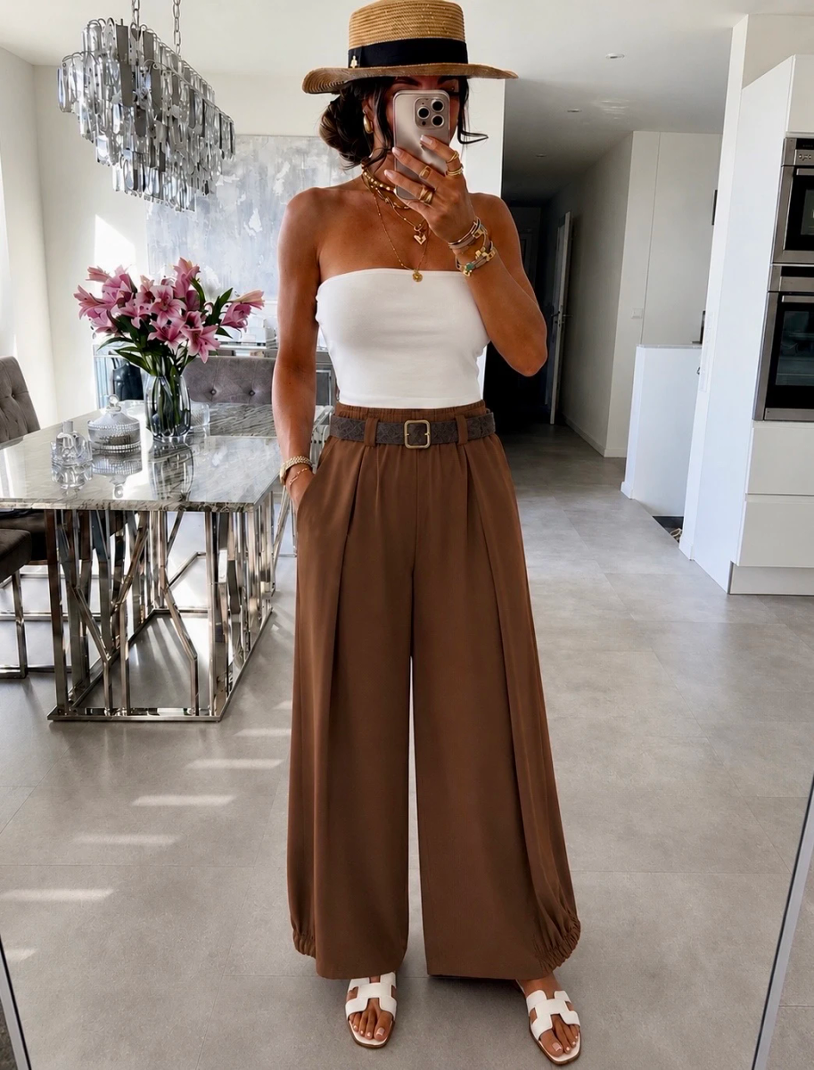 Pantalon Large ceinturé – Bas Élastiqué sur les Côtés