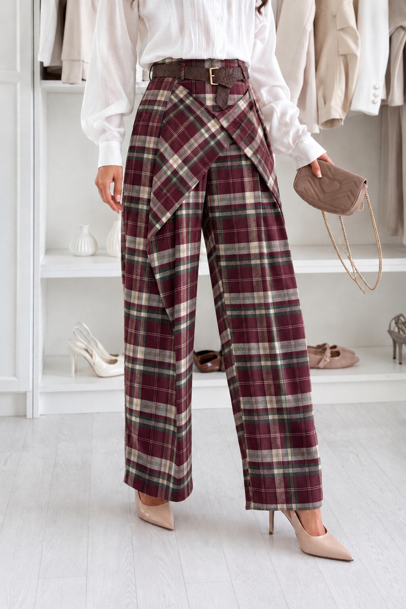 Pantalon à carreaux effet noué avec ceinture