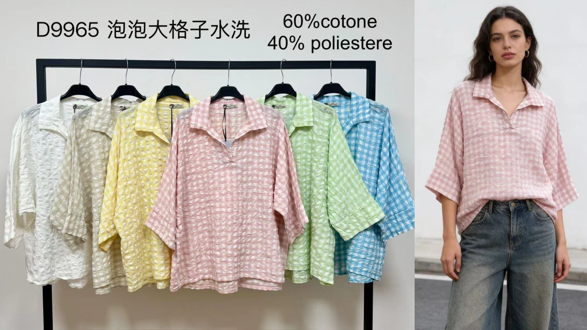 Blouse carreaux col chemise coupe ample manches 3/4 2